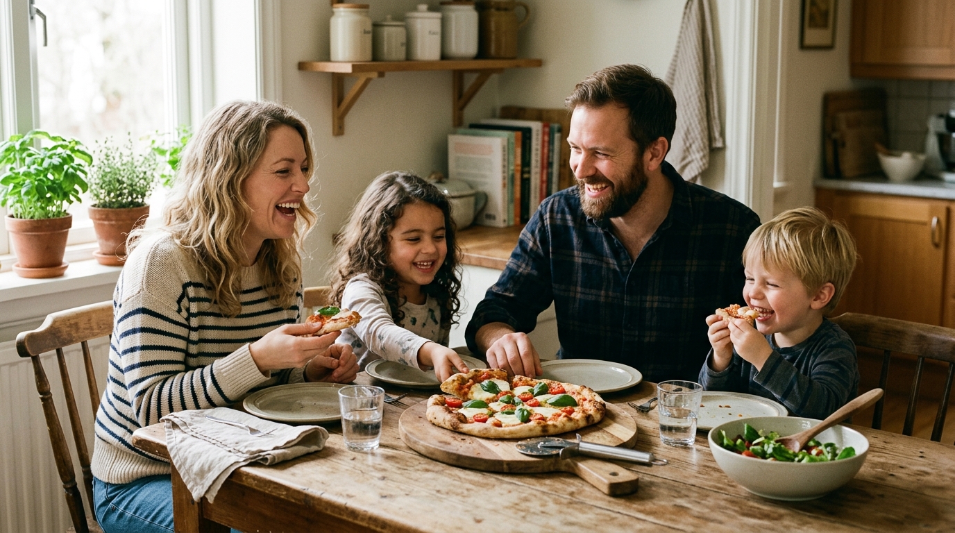 Família comendo pizza sem glúten